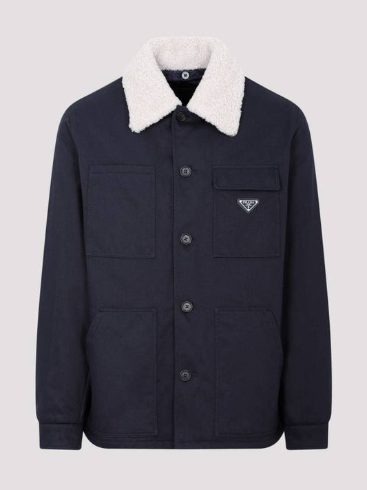 Triangle Logo Shearling Collar Jacket Navy - PRADA - BALAAN 2