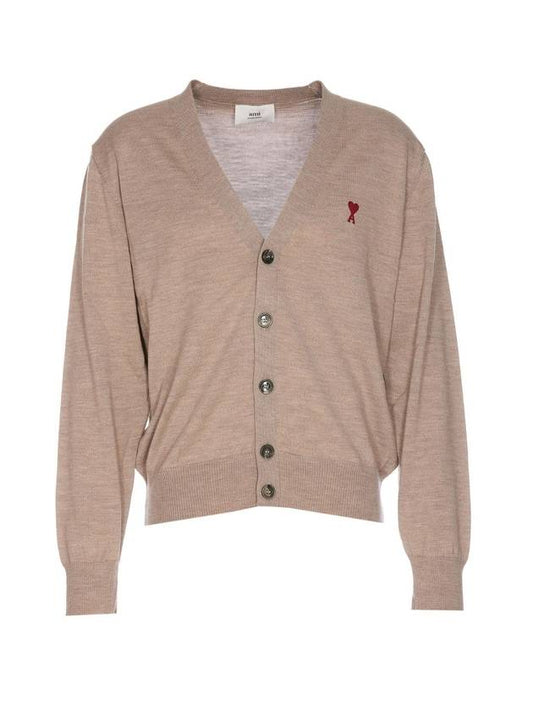 Red Heart Logo Merino Wool Cardigan Beige - AMI - BALAAN 1