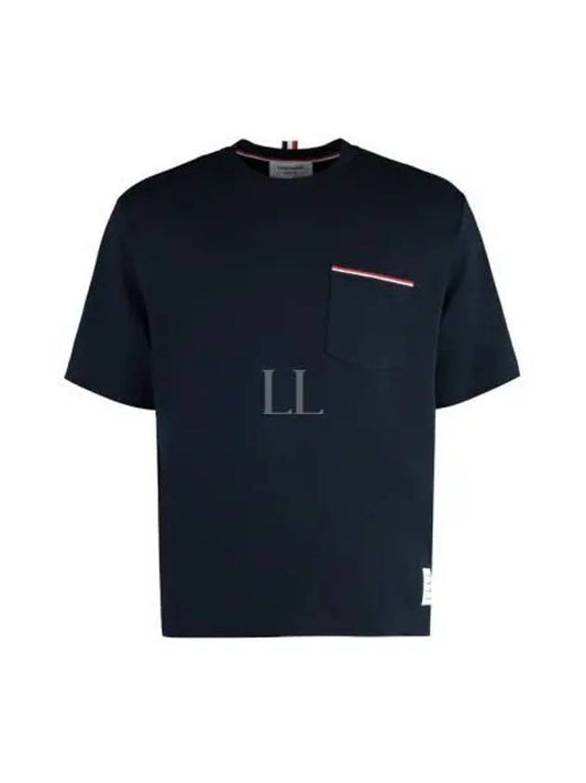 Men's Medium Weight Jersey Tipped Pocket Crewneck Short Short Sleeve T-Shirt Navy - THOM BROWNE - BALAAN 2