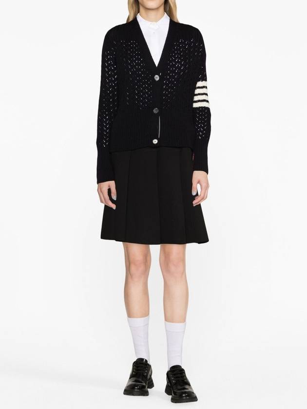 V-Neck Diagonal Pointelle Wool Cardigan Navy - THOM BROWNE - BALAAN 3