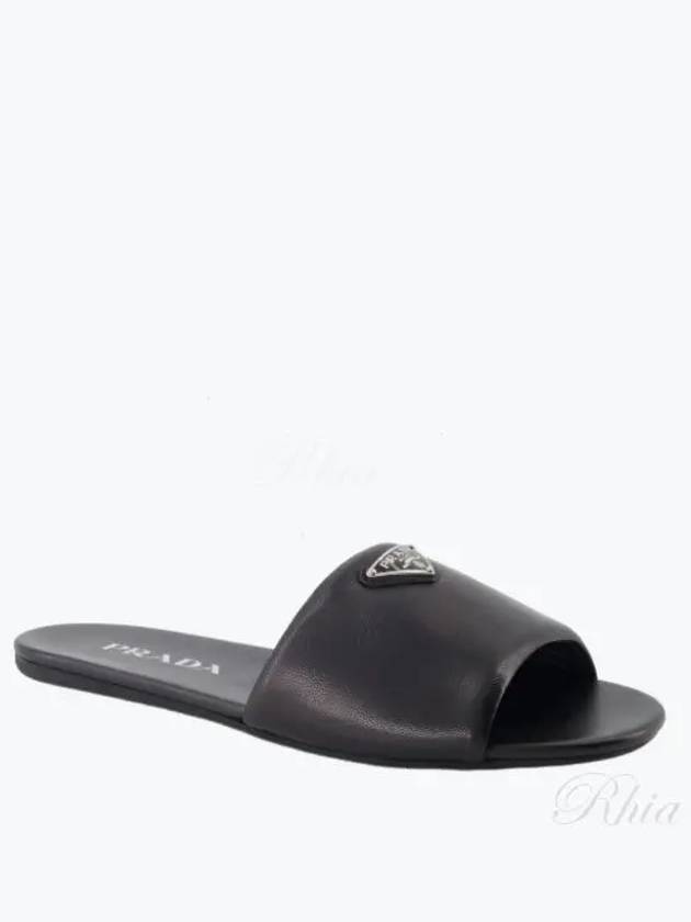 Logo Leather Slide Slippers Black - PRADA - BALAAN 2