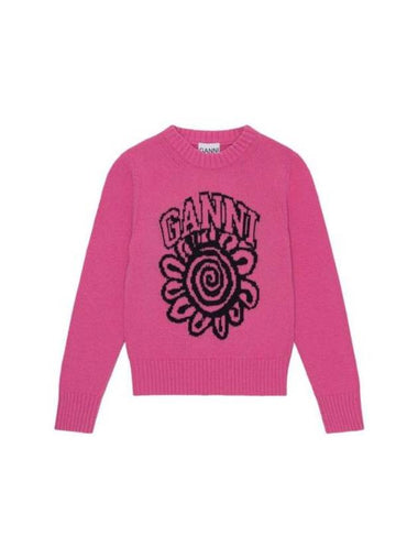 Pink Flower Graphic O-Neck Knit Top Pink - GANNI - BALAAN 1