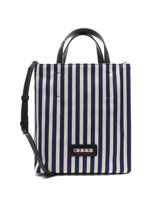 Logo Striped Tote Bag Navy - MARNI - BALAAN 1