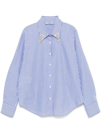 Embroided Collar Striped Poplin Long Sleeve Shirt Sapphire Blue - PRADA - BALAAN 2