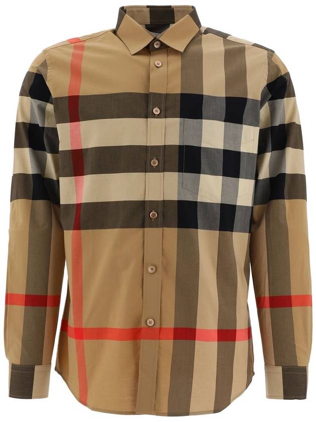 Check Stretch Cotton Poplin Long Sleeve Shirt Beige - BURBERRY - BALAAN 4