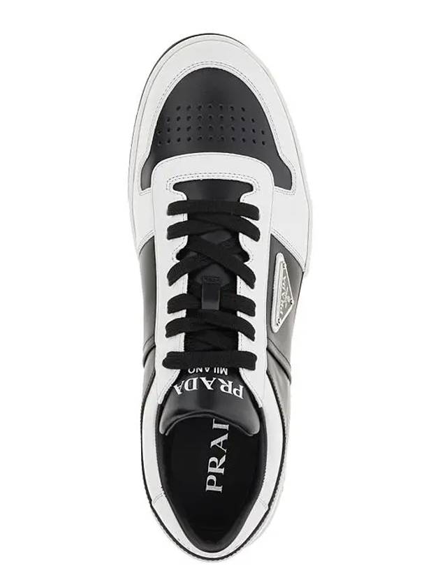 Men's Downtown Triangle Logo Leather Low Top Sneakers Black White - PRADA - BALAAN 7