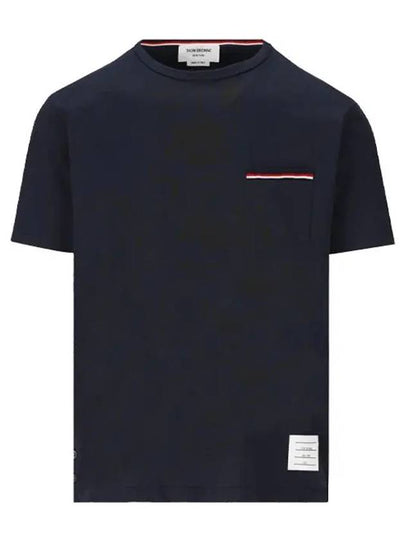 Men's Medium Weight Jersey Tipped Pocket Crewneck Short Short Sleeve T-Shirt Navy - THOM BROWNE - BALAAN 2