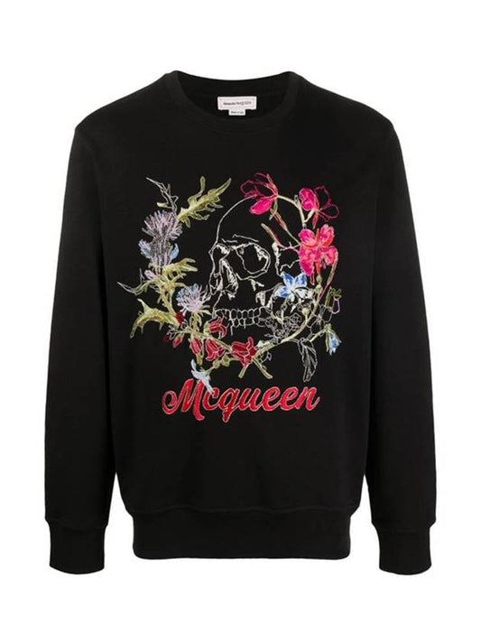 Men's Floral Embroidery Sweatshirt Black - ALEXANDER MCQUEEN - BALAAN.