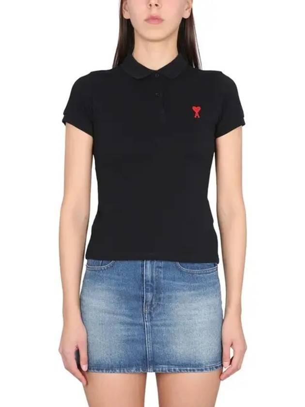 Embroidered Heart Logo Short Sleeve Polo Shirt Black - AMI - BALAAN 3