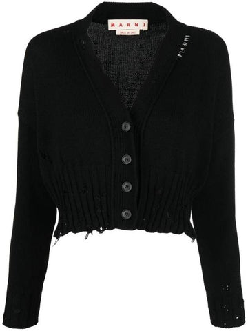 Embroidered Logo Distressed V-Neck Crop Cardigan Black - MARNI - BALAAN 1