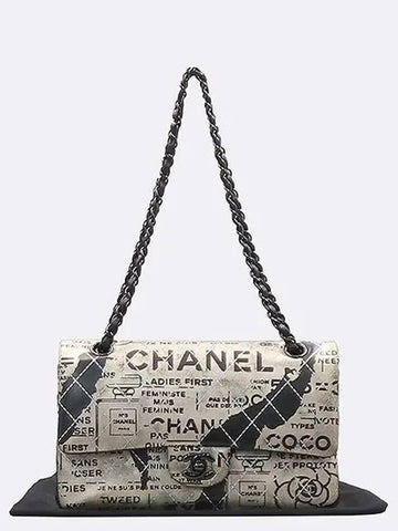 A01112 NEWSPAPER pattern black chain flap shoulder bag - CHANEL - BALAAN 1