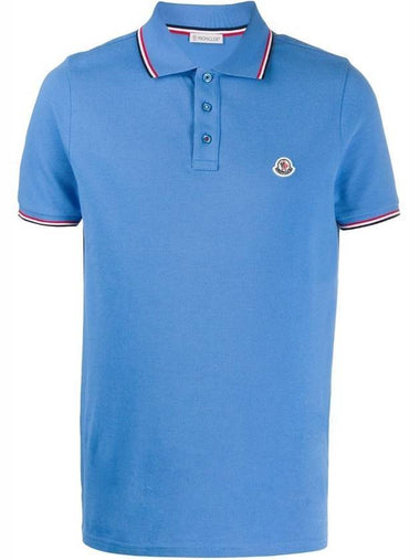 Stripe Trimming Logo Short Sleeve Polo Shirt Blue - MONCLER - BALAAN 1