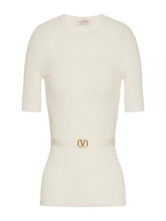 V Metal Logo Belt Detail Wool Knit Top Beige - VALENTINO - BALAAN 2