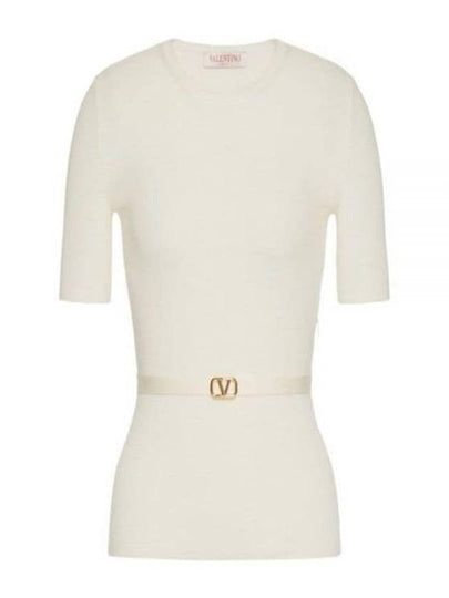 V Metal Logo Belt Detail Wool Knit Top Beige - VALENTINO - BALAAN 2