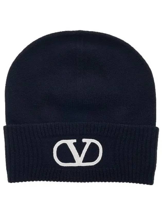 V Logo Turn-Up Wool Beanie Navy - VALENTINO - BALAAN 2