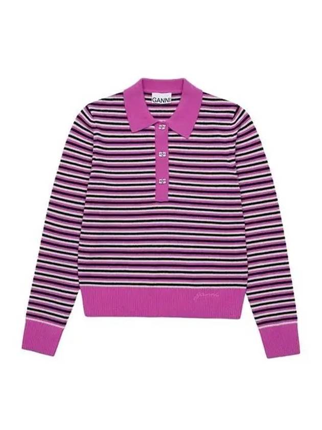 Striped Cashmere Polo Knit Top Fucsia - GANNI - BALAAN 2