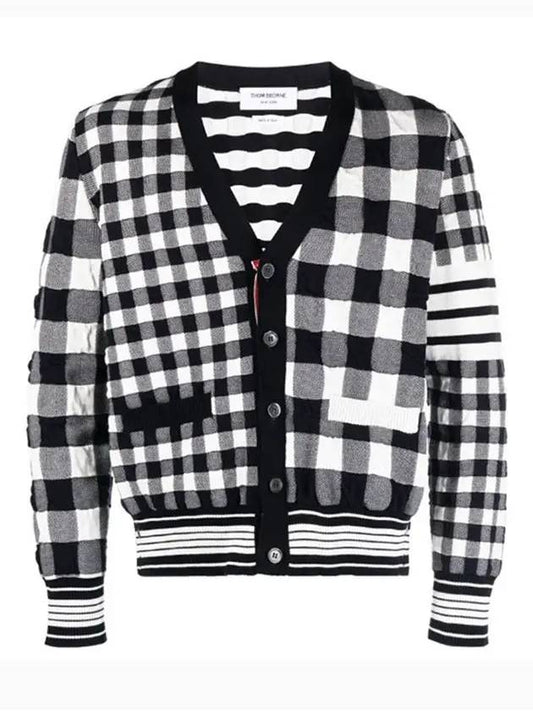 4-Bar Stripe Funmix Gingham Jacquard Cardigan Navy - THOM BROWNE - BALAAN 2