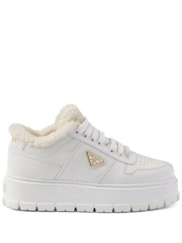 Logo Shearling Lining Leather Low Top Sneakers White - PRADA - BALAAN 1