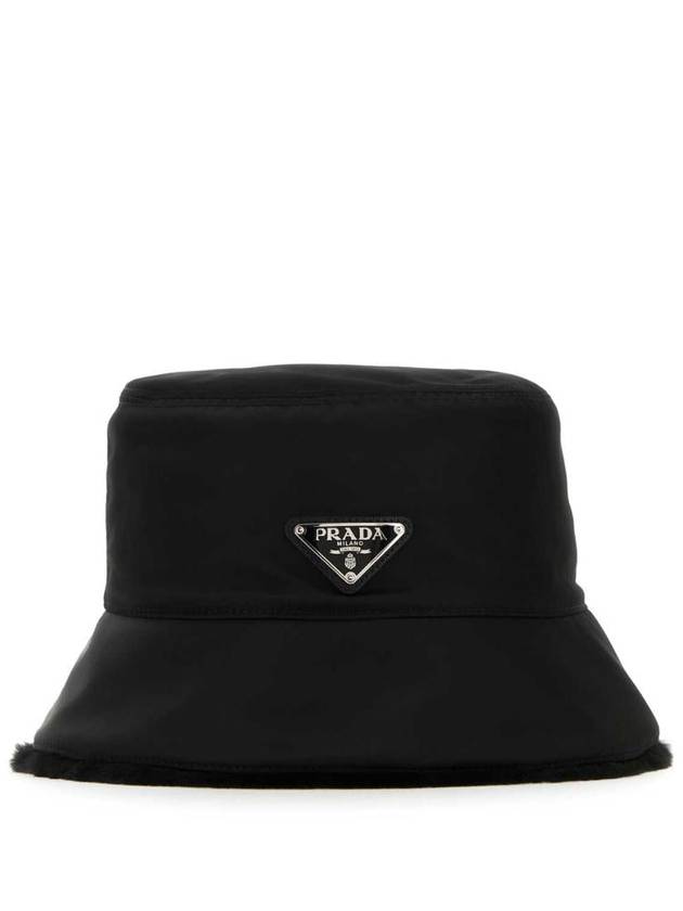 Triangle Logo Re-Nylon Shearling Bucket Hat Black - PRADA - BALAAN 3