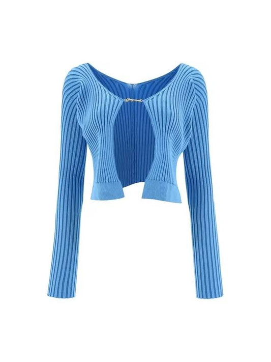 La Maille Pralu Longue Micro Charm Logo Cardigan Light Blue - JACQUEMUS - BALAAN 1