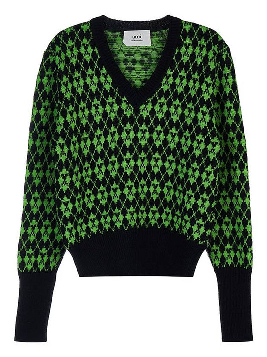 V-neck Jacquard Wool Knit Top Black Green - AMI - BALAAN 2