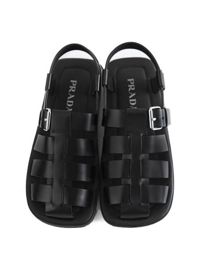 Crisscross Bands Brushed Leather Sandals Black - PRADA - BALAAN 2