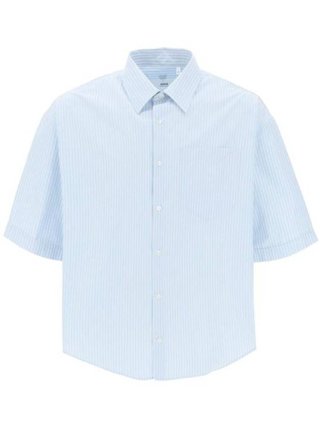 Striped Boxy Fit Short Sleeve Shirt Blue - AMI - BALAAN 2