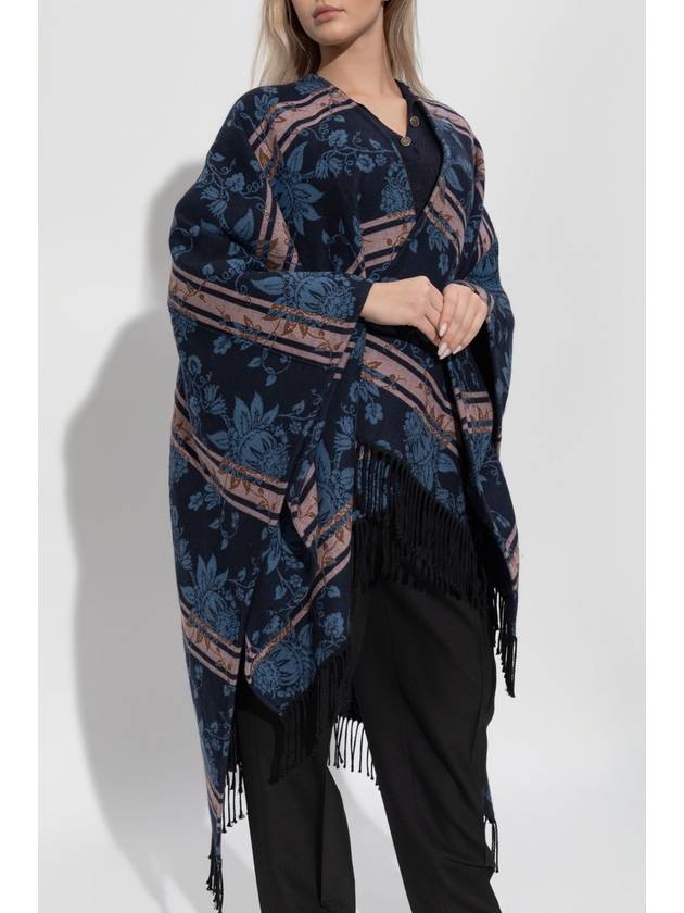 Etro Wool Poncho With Floral Motif, Women's, Navy Blue - ETRO - BALAAN 3