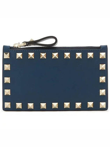 Garavani Rockstud Zipper Leather Black Card Holder Blue P0548BOL0BZ - VALENTINO - BALAAN 1