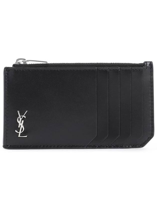 Tiny Cassandre Fragments Silver Hardware Leather Zipper Card Wallet Black - SAINT LAURENT - BALAAN 2