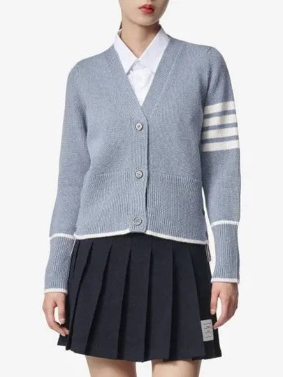 Women's Fine Merino Jersey Sailboat 4 Bar Boxy V Neck Cardigan Dark Blue - THOM BROWNE - BALAAN 2