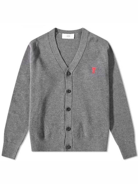 Small Heart Logo Wool Merino Cardigan Grey - AMI - BALAAN 2