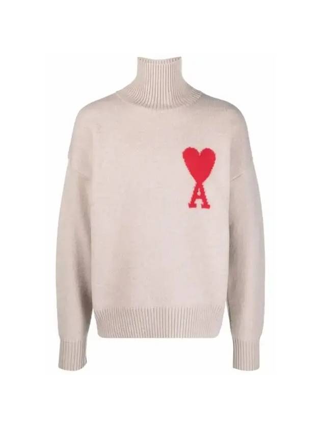 Big Heart Logo Wool Knit Turtleneck Beige - AMI - BALAAN 1