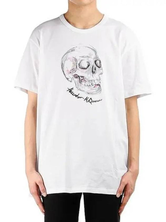 Men's Watercolor Skull Print Short Sleeve T-Shirt White - ALEXANDER MCQUEEN - BALAAN 2