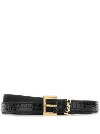 Monogram Square Buckle Crocadile Embossed Thin Leather Belt Black - SAINT LAURENT - BALAAN 2