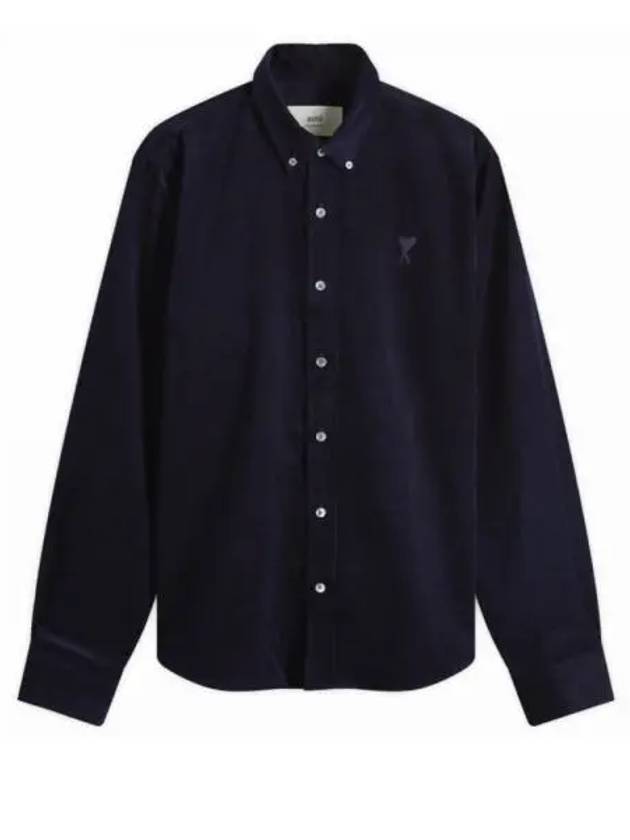 Embroidered Logo Corduroy Velvet Long Sleeve Shirt Navy - AMI - BALAAN 2