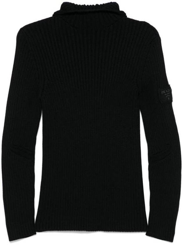 Logo Patch Rib Knit Wool Turtleneck Black - PRADA - BALAAN 1