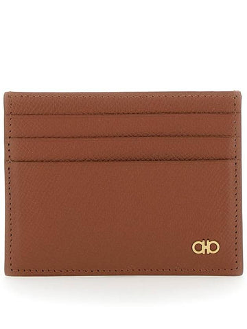 Brown Card Holder With Metal Gancini Detail In Hammered Leather Man - SALVATORE FERRAGAMO - BALAAN 1