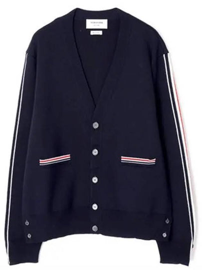 Men's Navy Side Intarsia Milano Stitch Wool Cardigan Navy - THOM BROWNE - BALAAN 2