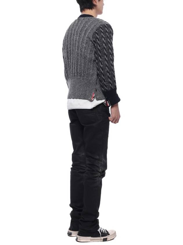 Funmix Donnyroll Cable 4 Bar V-Neck Cardigan Medium Grey - THOM BROWNE - BALAAN 7