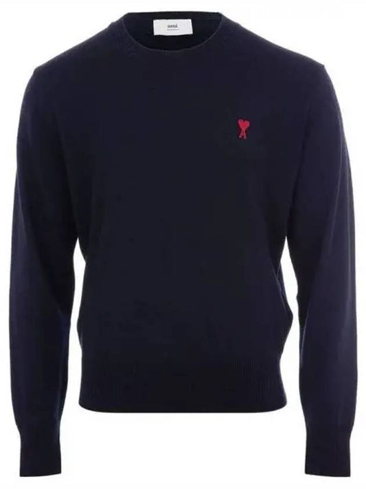 Heart Embroidered Logo Crew Neck Knit Top Navy - AMI - BALAAN 2