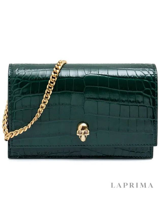 Gold Plated Skull Crocodile Leather Mini Shoulder Bag Green - ALEXANDER MCQUEEN - BALAAN.