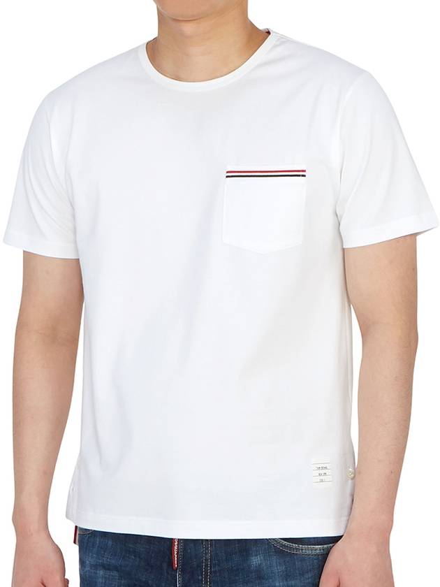 Men's Medium Weight Jersey Tipped Pocket Crewneck Short Sleeve T-Shirt White - THOM BROWNE - BALAAN 3