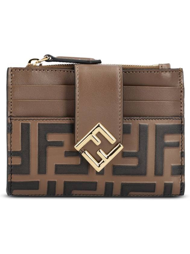 FF Diamond Embossed Logo Zip Card Holder Brown - FENDI - BALAAN 1