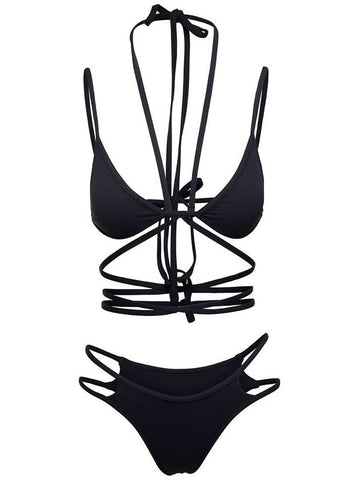 Black Triangle Bikini With Crossed Laces In Stretch Polyamide Woman - ANDREADAMO - BALAAN 1