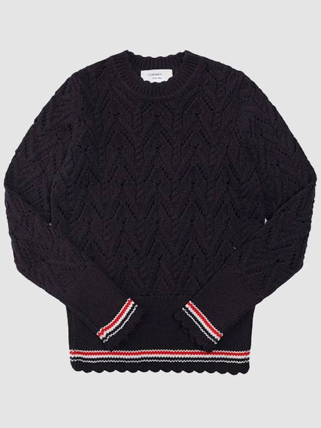 Women's Pointel Cable Merino Wool Pullover Knit Top Navy - THOM BROWNE - BALAAN 2