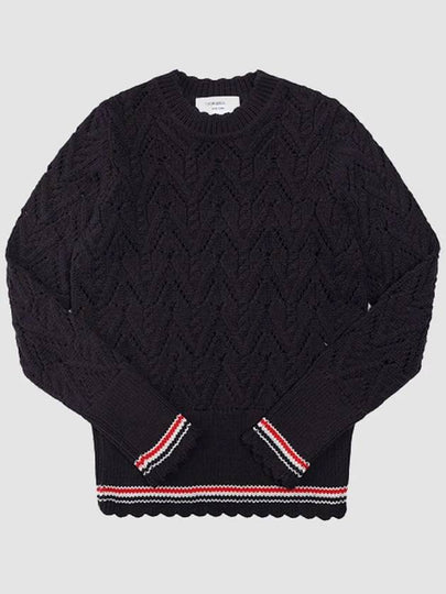 Women's Pointel Cable Merino Wool Pullover Knit Top Navy - THOM BROWNE - BALAAN 2