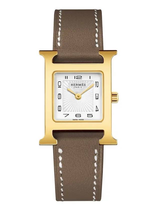 Heure H Watch Small Etoupe Swift Strap Yellow Gold Steel Brown - HERMES - BALAAN 1