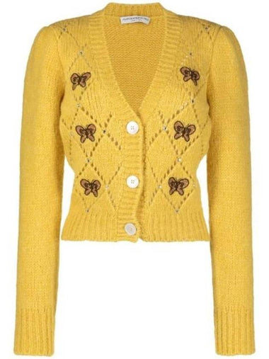 Embroidered Butterfly Pointel Alpaca Cardigan Yellow - ALESSANDRA RICH - BALAAN 1