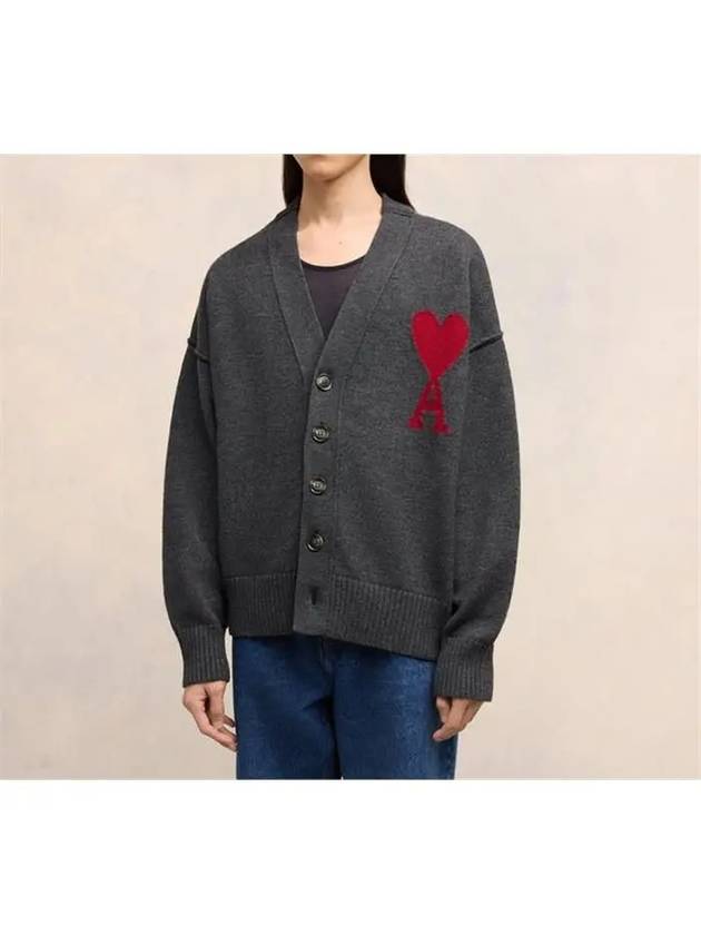 Heart Logo V Neck Wool Cardigan Heather Grey - AMI - BALAAN 4